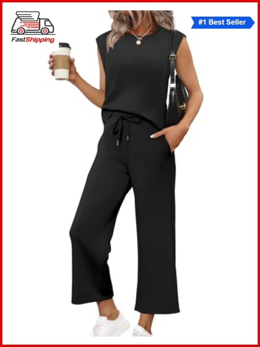 ✨ Sampeel Two Piece Set Wide Leg Crop Pants Cap Sleeve Lounge Travel Vacation